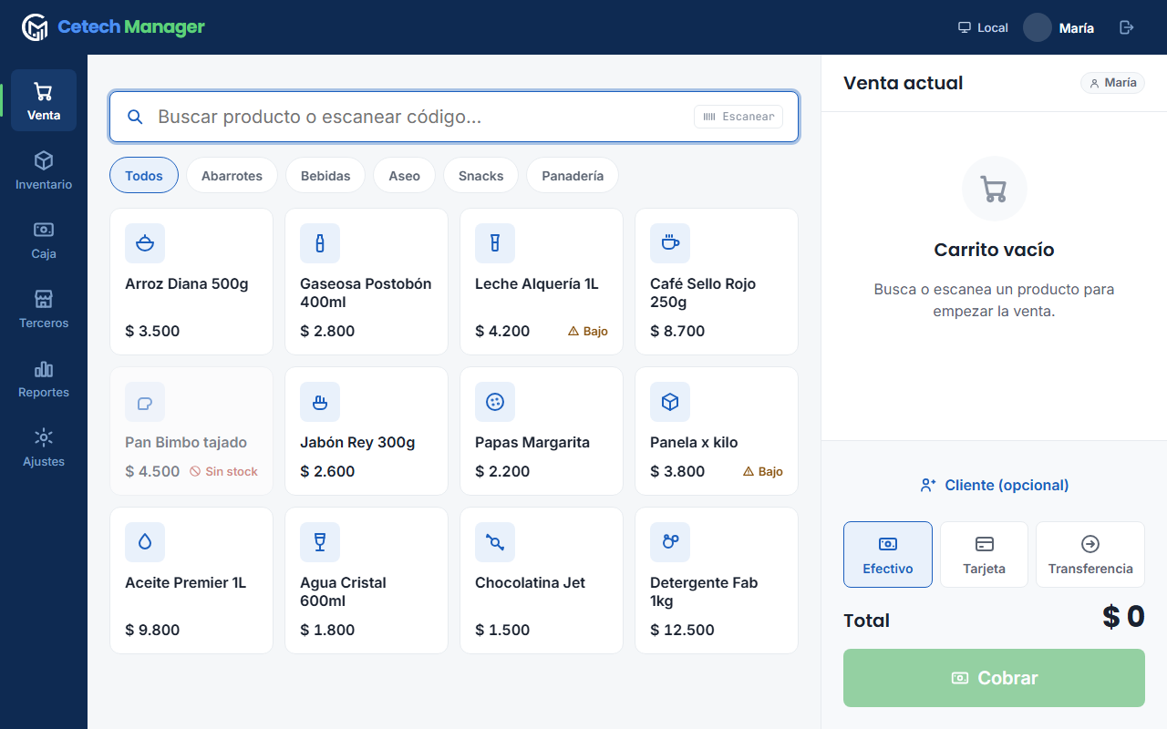 Pantalla de venta de Cetech Manager: catálogo de productos y carrito